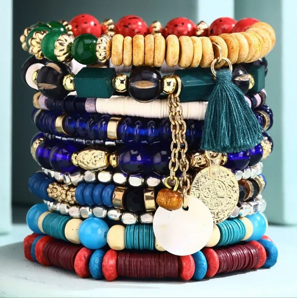 3148- Bohemian Multi Color Beaded Stretch Bracelet Set w Charms & Tassel Accent - Picture 5 of 5
